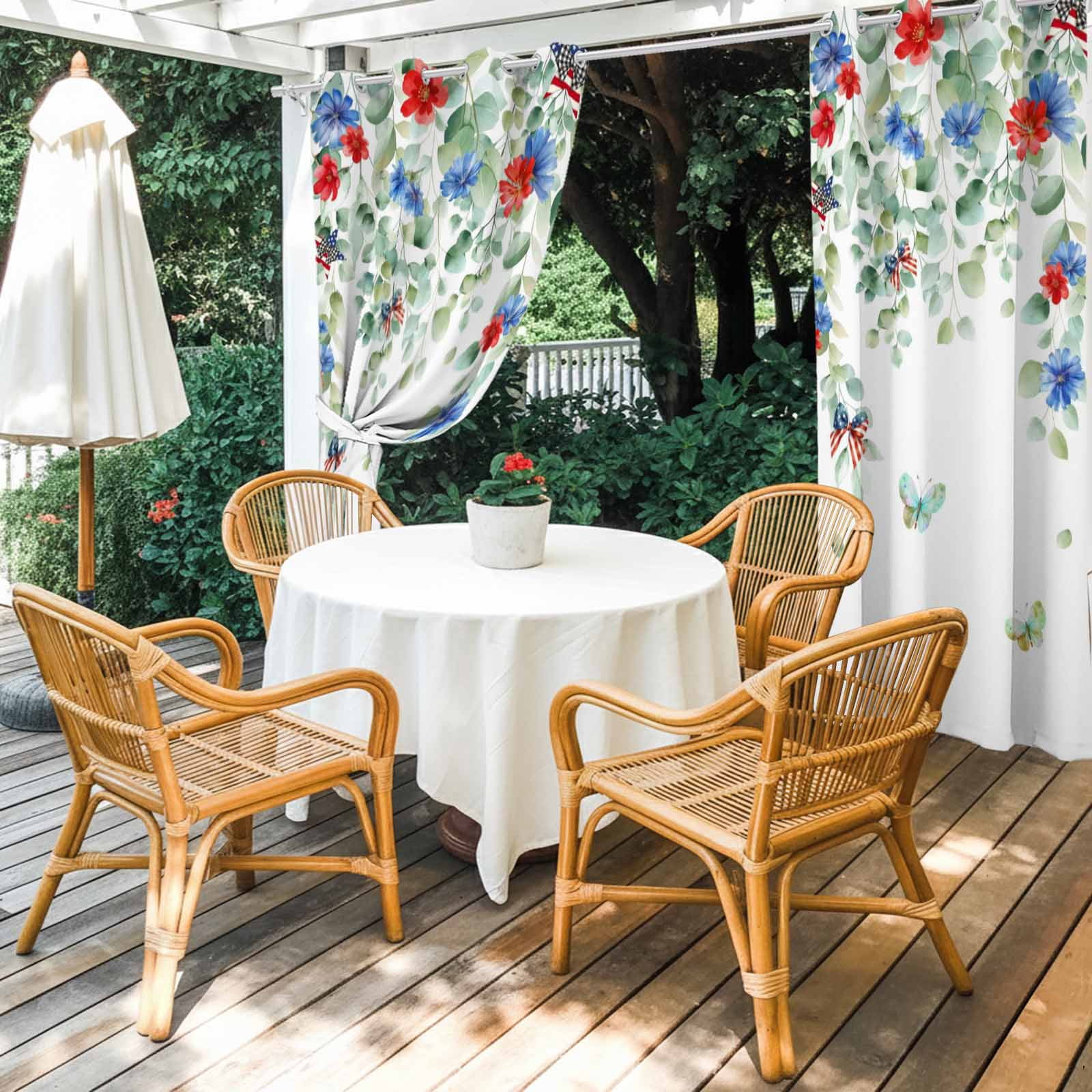 Independence Day Outdoor Curtains for Patio, Watercolor Red Blue Floral Leaf Sunshade Privacy Drapes Grommet Waterproof Outside Curtains for Porch/Cabana/Balcony 54"x 108", 1 Panel