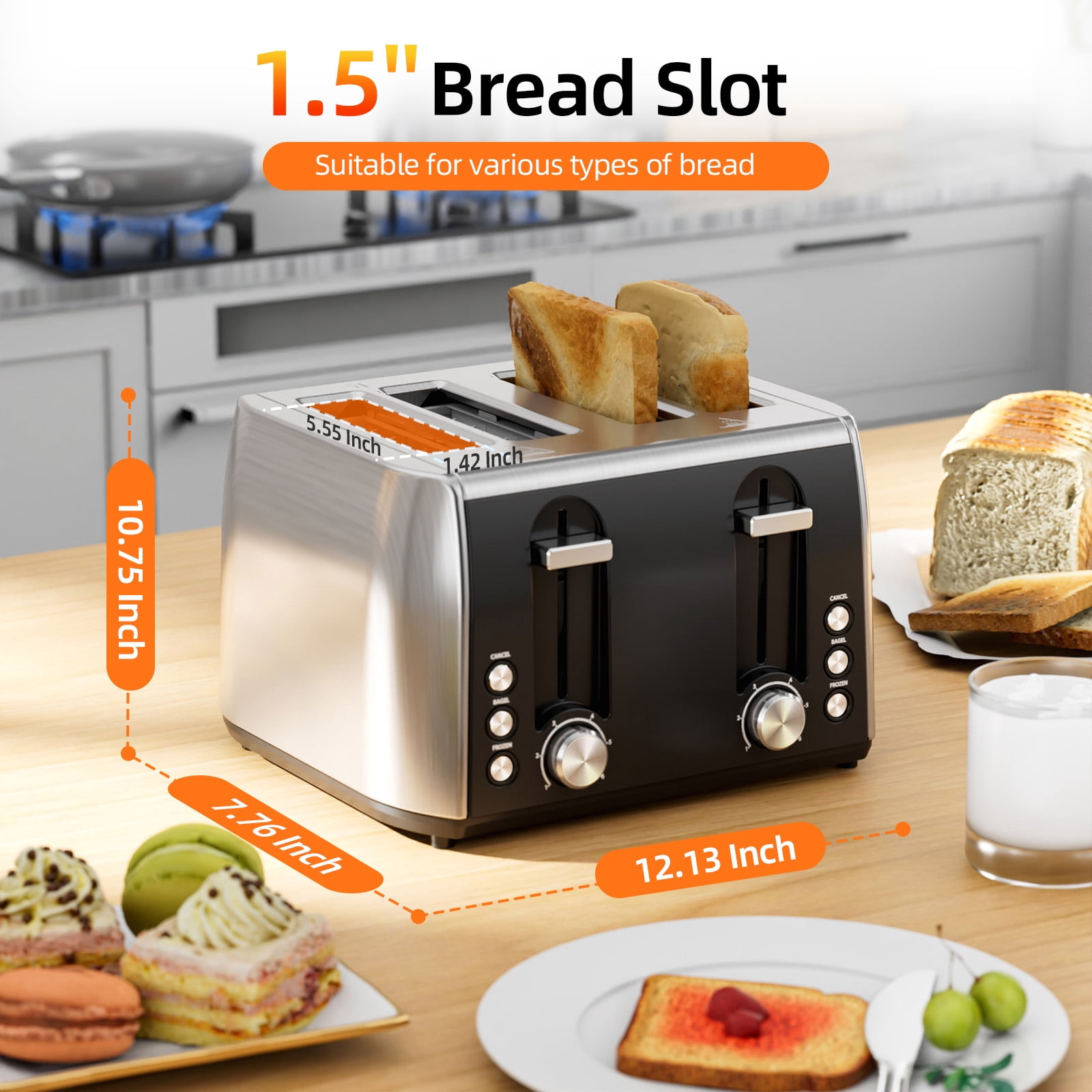 Auseo 4 Slice Toaster, 4 Slice Toaster Wide Solt with 6 Shade Settings, Dual Independent Controls, Bagel, Cancel, Defrost Functions, Removable Tray, Kitchen Appliances