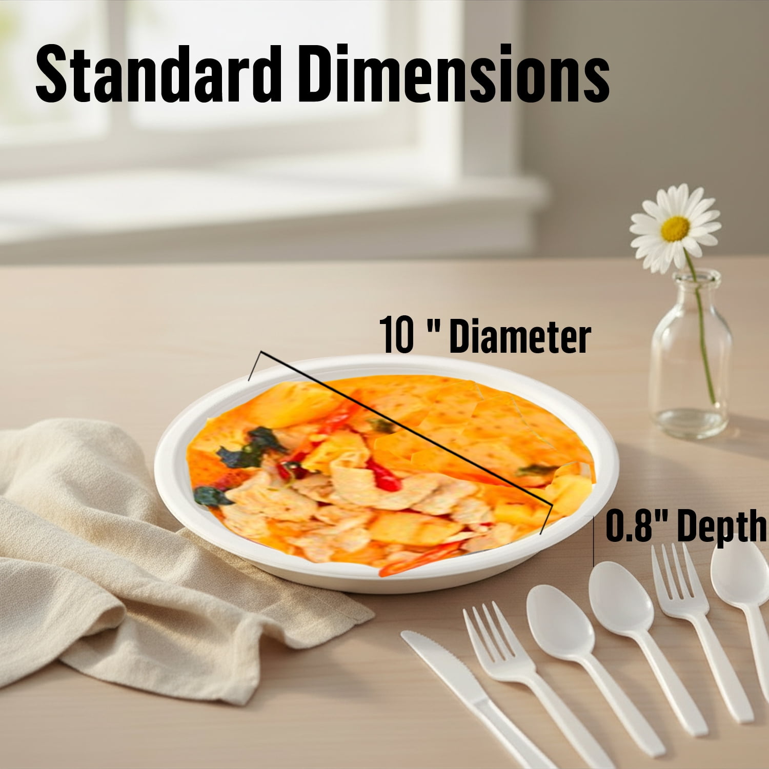 BEIDOU-PAC 10 Inch Compostable Heavy Duty Disposable Paper Plates, 75 Count White Natural Biodegradable Eco-Friendly Sugarcane  Lunch Tray