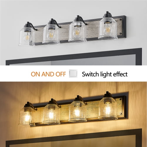 ACE-LIGHTS,4-Light Farmhouse Vanity Light Fixture,Bathroom Wall Sconce(Bulb Not Included) with Clear Seeded Glass Shades,Modern Industrial Design for Bathroom,Bedroom,Entrance,Passage(Black)