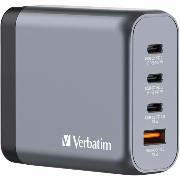 Verbatim 140 W 4-Port GaN Wall Charger, Black/Gray
