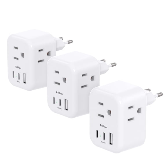 Adaptador de enchufe de viaje Addtam de EE. UU. a Europa con 3 salidas y 3 USB