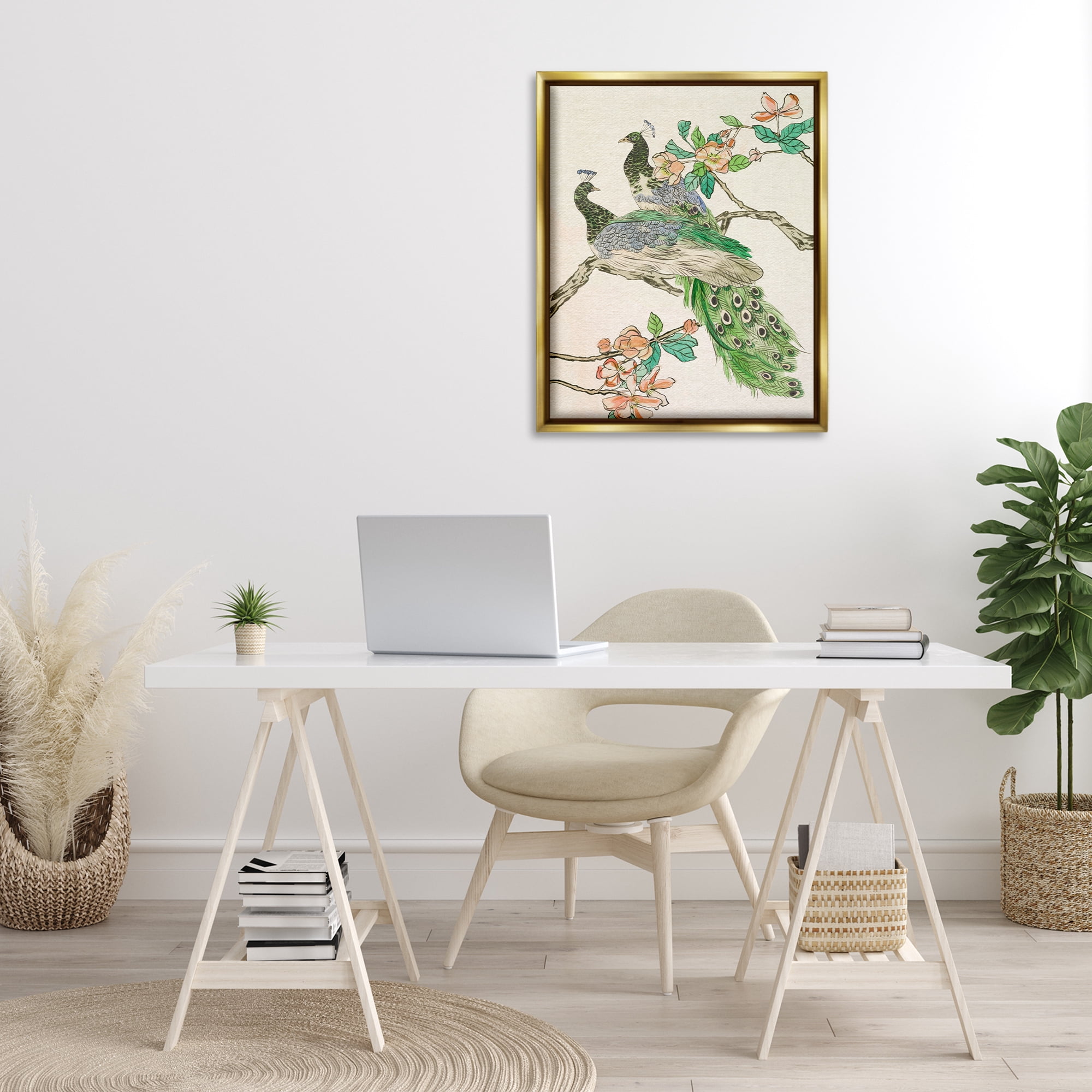 Stupell Industries Peacock Perched on Branch Animals & Insects Painting Gold Floater Framed Canvas Art Print Wall Art, 25 x 31