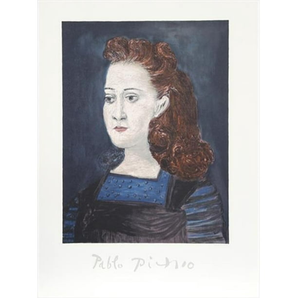 Pablo Picasso 2378 Femme a la Collerette Bleue- Lithographie sur Papier 29 Po x 22 Po - Bleu- Rouge- Noir