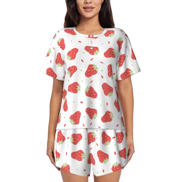 Balery Hand Drawn Strawberry Conjunto de Pijama para Mujer con Estampado, Dos Piezas de Manga Corta y Shorts, Ropa de Dormir Suave con Cuello Redondo y Bolsillos-Medium