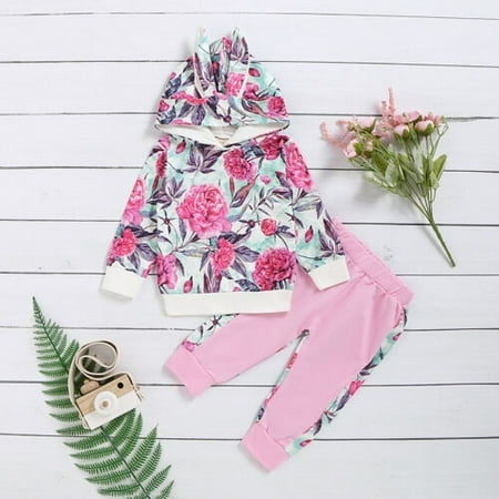 

Newborn kids Baby Girls Rabbit Ears Clothes Long Sleeve Pullovers Hooded Top Pants Floral Print Autumn Outfit Sets
