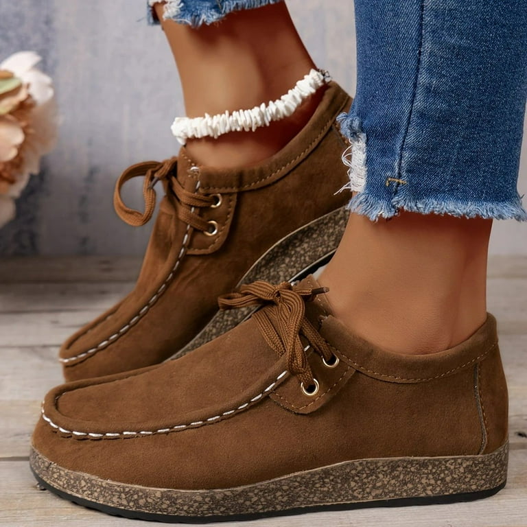 Suede Loafers for Women Wide Toe Box Comfortable Non Slip Dress Shoes Lace  Up Cork Low Heel Slip On Tennis Shoes Brown Size 7.5 - Walmart.com
