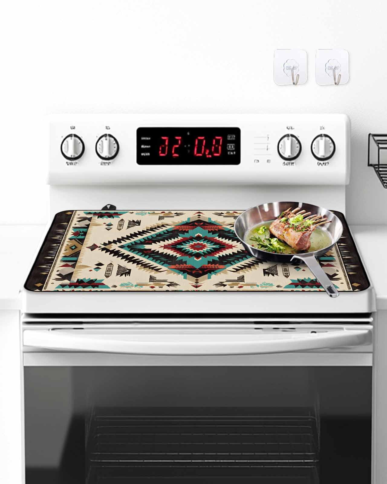 Stove Top Covers for Electric Stove, Boho Red Teal Brown Glass Stovetop Cover Protector, Southwestern Country Geometric Induction Cooktop Protector Oven Mat for Kitchen Countertop 24"x21"