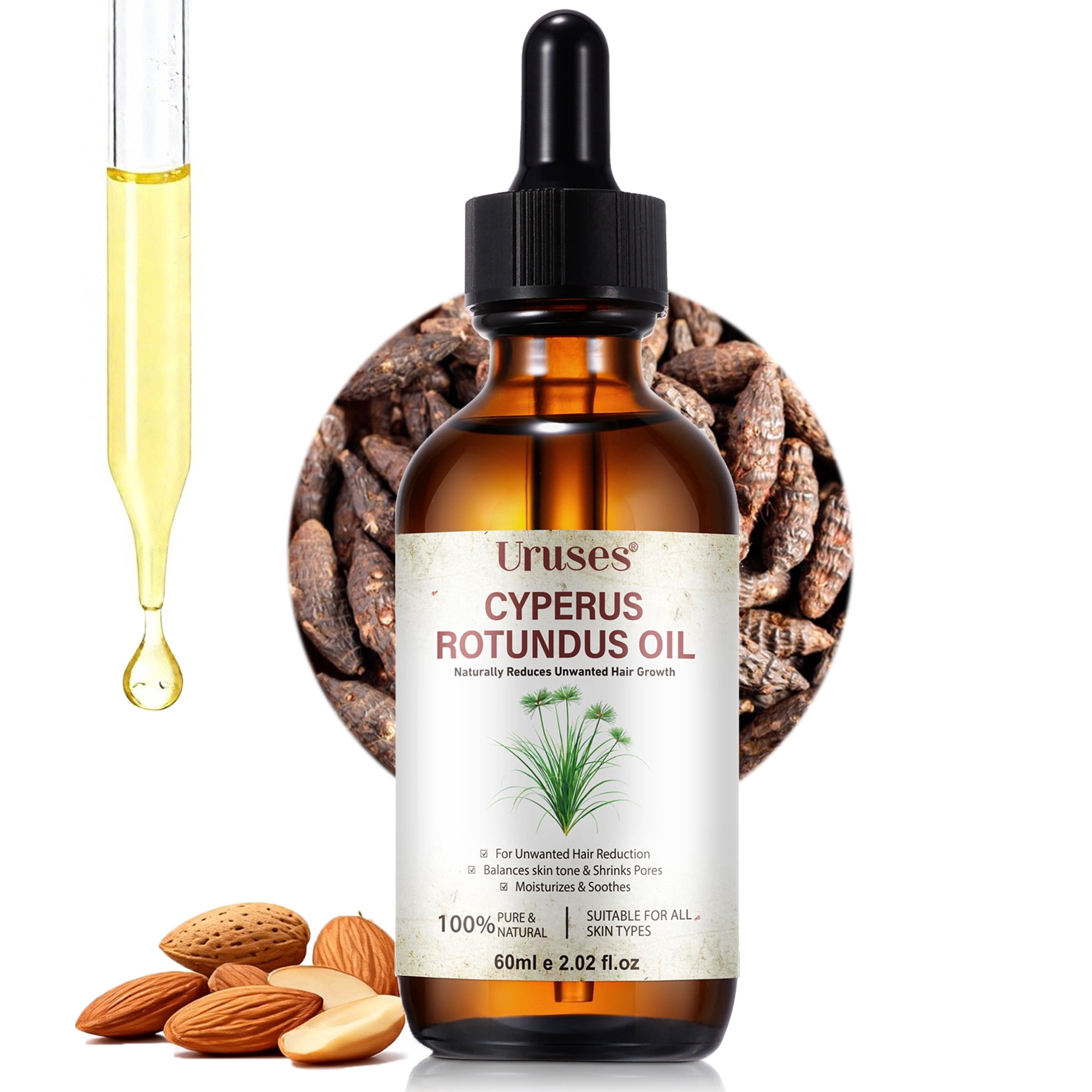 Uruses Cyperus Rotundus Oil, Hair Removal Oil for Unwanted Hair, Cyperus Rotundus Essential Oil for Smooth Skin & Shrink Pores, 60ml/2.02floz