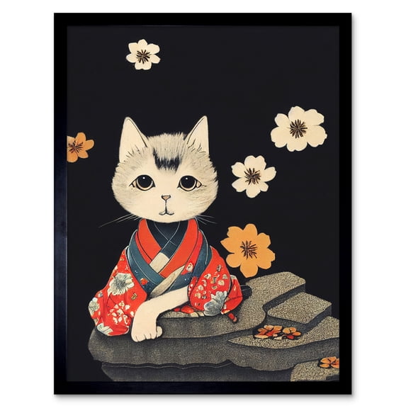 Cute White Cat In Red Kimono Sitting On A Rock With Flowers Art Print Framed Poster Wall Decor 12x16 inch