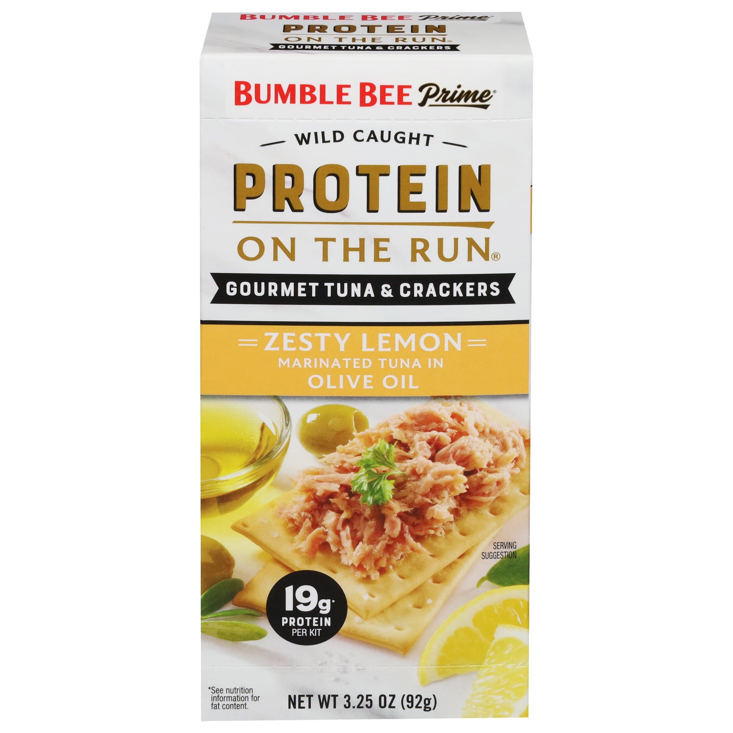 (6 pack) Bumble Bee Prime Protein on The Run Tuna Marinated in Olive Oil and Lemon, Wild Caught, Ready to Eat, 19g Protein per Serving, Shelf Stable Box, 3.5 oz