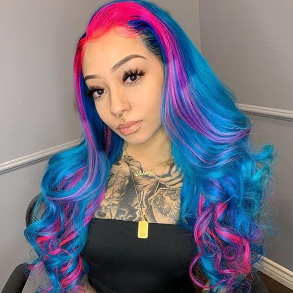 SHILIU-Lace Front Wig Highlight Blue Purple Colorful Wavy Ombre Wigs for Women Lace Frontal Pink Green Wig Synthetic Heat Resistant Natural Loose Wave Glueless Lace Wigs 24 Inch Daily Party Cosplay