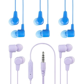 onn. Wired Earphones with Microphone-3.5mm jack, Blue & Lilac, 5 Pack