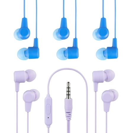 onn. Wired Earphones with Microphone-3.5mm jack, Blue & Lilac, 5 Pack