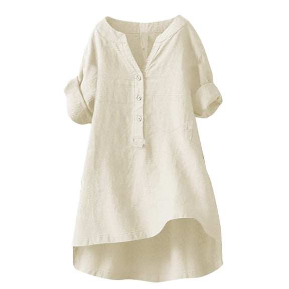 BODOAO Cotton Linen Shirts for Women Spring Linen Clothing for Womens Loose Fit Blouses Beach Casual Summer Tops Comfy Lounge Wear Crepe Texture Outfits Casual Tops V Neck Shirt Summer Shirt Beige L