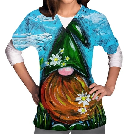 

RYRJJ St Patricks Day Scrub Tops for Women Short Sleeve Nursing Uniform with Pocket V-Neck Funny Gnomes Print Workwear Shirts(Lake Blue S)