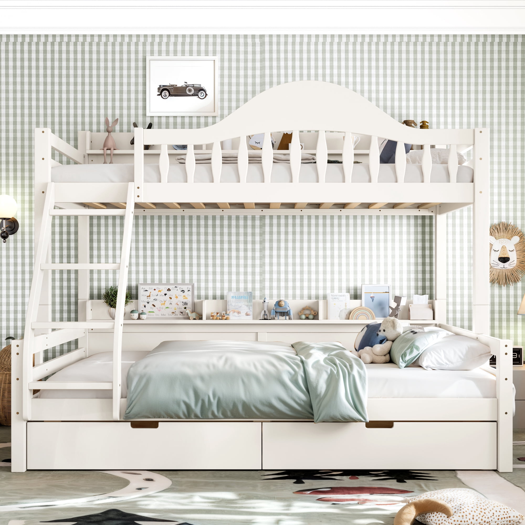 Leumius Twin over Full Bunk Bed with Storage Drawers, Chic Curved Guardrail & Side Storage Shelves, Bunk Bed Frame with Ladder Beige