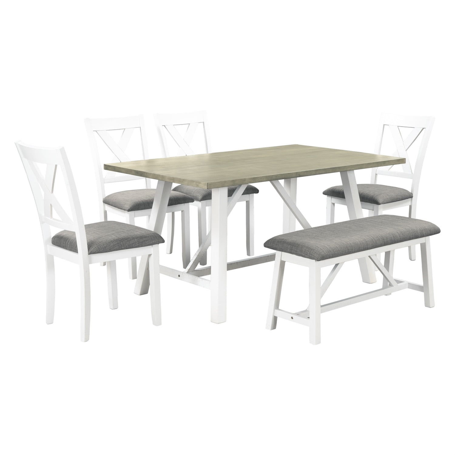 Kadyn Dining Table Set for 6, Kitchen Table Set with Table, Bench and 4 Chairs, 6 Piece Dining Table Set for Home, White Kadyn Dining Table Set for 6, Kitchen Table Set with Table, Bench and 4 Chairs, 6 Piece Dining Table Set for Home, White