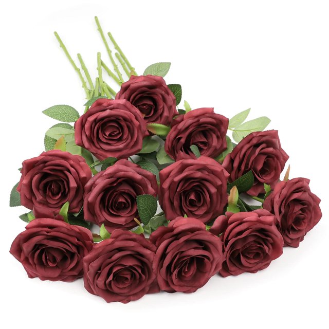 Lvefit Flor De Rosa Artificial Flores De Seda De Rosa Borgoña 12 Piezas Con Ramo De Rosas De Seda De Tallo Largo Para Boda Fiesta De Despedida De Soltera Decoración Del Hogar