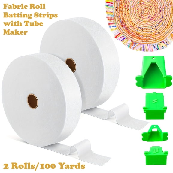 Fabric Roll Batting Strips with Tube Maker, 2 Rolls 100 Yards Total, 2 1/4 Inch Cotton Blend Quilt Batting for Quilting, Rugs, Braided Mats, DIY Sewing Projects