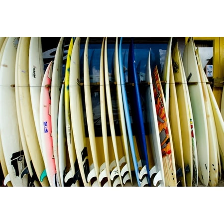 Hawaii Oahu North Shore Haleiwa row of surfboards outside of a surfshop Stretched Canvas - Ray Laskowitz  Design Pics (34 x