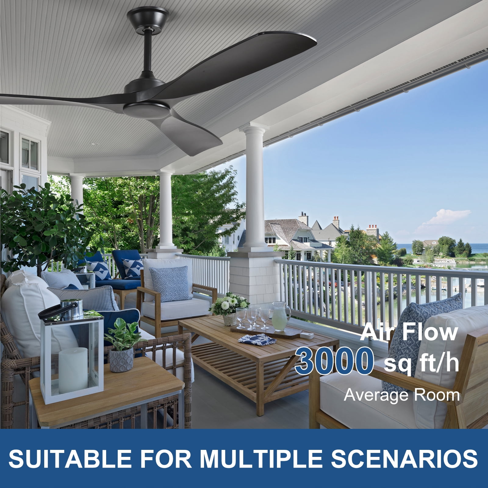 52-Inch Black Ceiling Fan with no Light: Indoor/Outdoor Use Hanging Fan, Remote Control, High Efficiency with Quiet DC Motor, Timer Function
