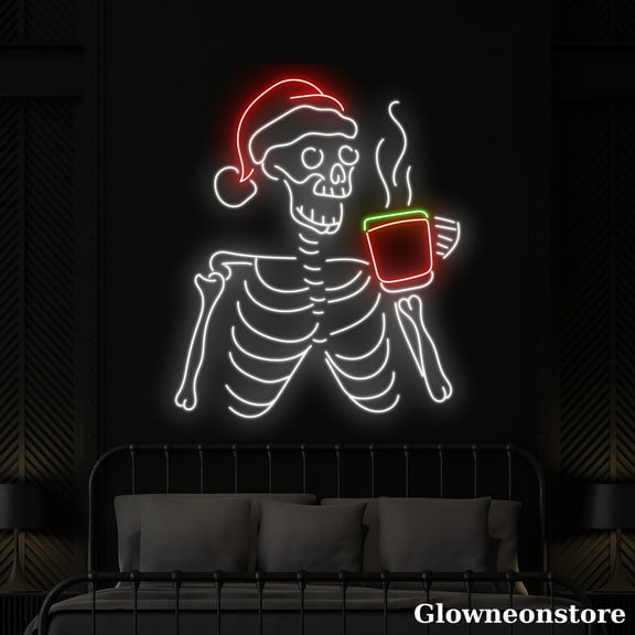 Glowneon Skeleton Drinking Hot Coffee Neon Sign, Skull with Santa Hat Led Sign, Cocktail Bar Neon