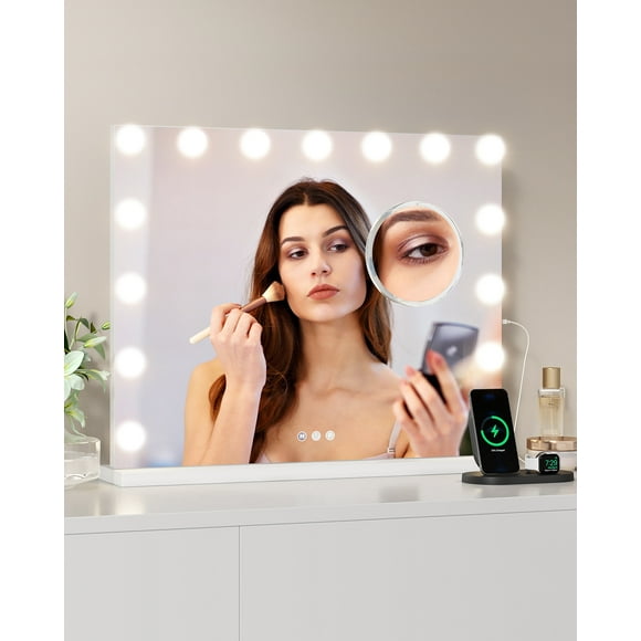 cinematic Vanity Mirror with 15 Dimmable LED Bulbs, 3 Color Modes, 3X Magnification, Touch Control, 23"x18" Large Lighted Makeup Mirror for Desk or Bathroom, USB & Type-C, Metal Frame, Square