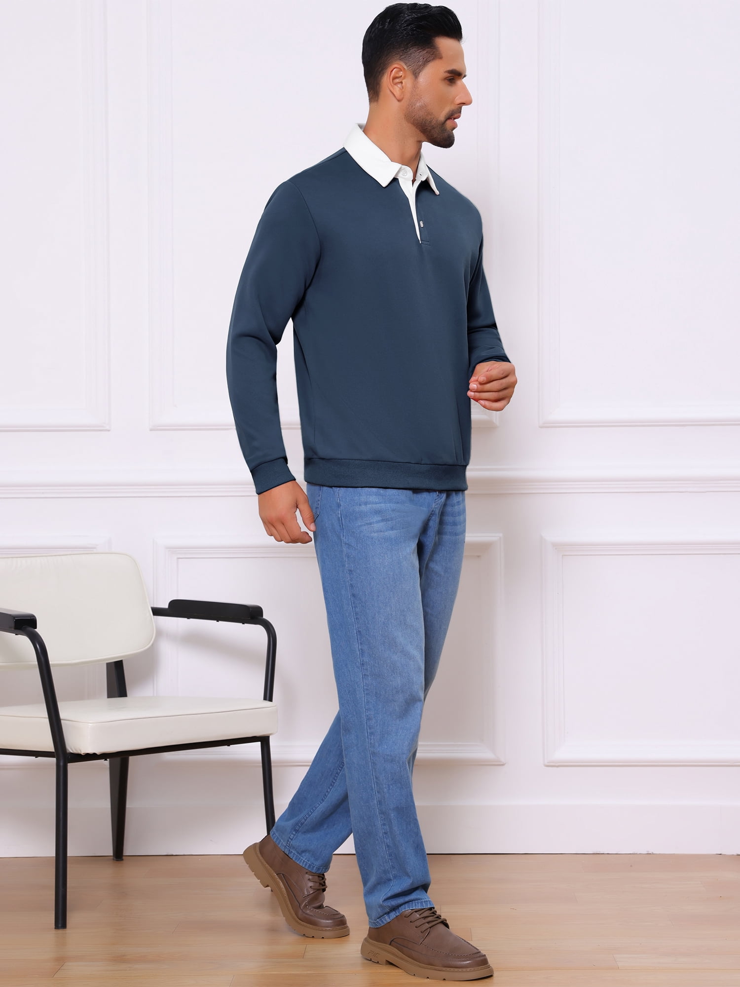 DARING DIVA Men's Contrast Collared Long Sleeves Pullover Polo Sweatshirt 2XL Dark Blue
