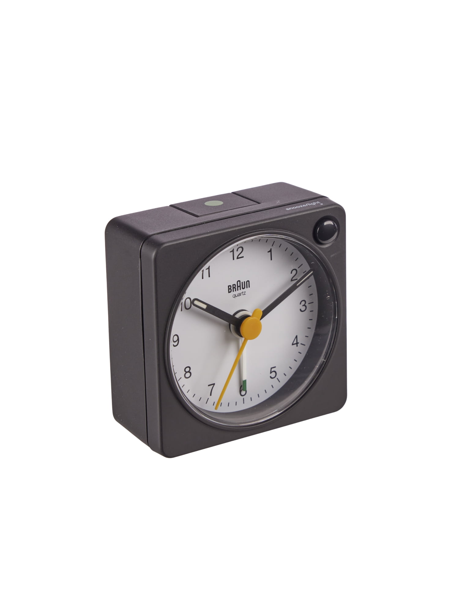 Quiet Quartz Movement model BC02XBW. Compact Size Braun Classic Travel Analogue Alarm Clock with Snooze and Light Crescendo Beep Alarm in Black and White 