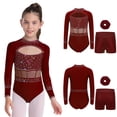 thumbnail image 3 of Runhomal Kids Girls Shiny Rhinestone Long Sleeve Gymnastic Leotard Ballet Tumbling Dance Unitard with Shorts Set Burgundy 10, 3 of 5
