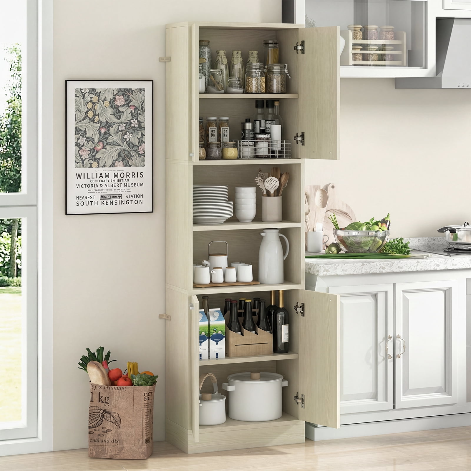 Costway Kitchen Pantry Cabinet, 75” Tall Freestanding Cupboard with Doors & Shelves Light Oak