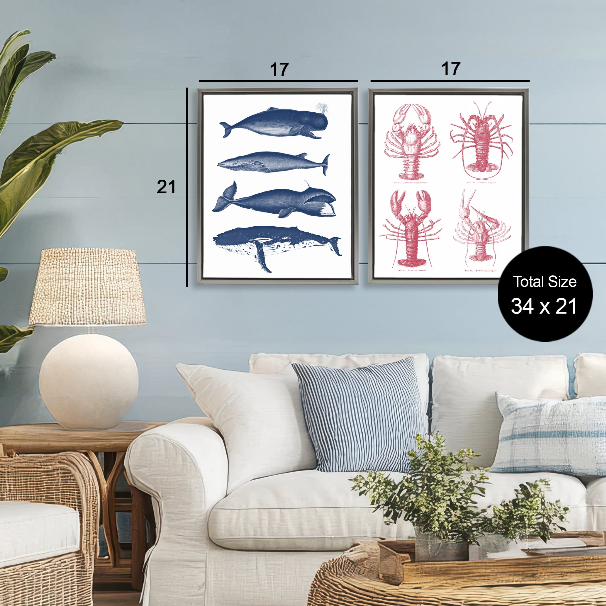 Marine Whales & Lobsters 2 Piece Gray Framed Floater Canvas Set, design by Lettered and Lined