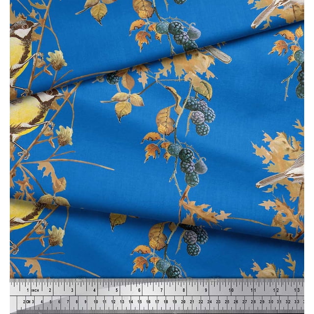 Soimoi Blue polyester Crepe Fabric Black Berry & Yellow Sparrow Bird Print Sewing Fabric Yard 52 Inch Wide