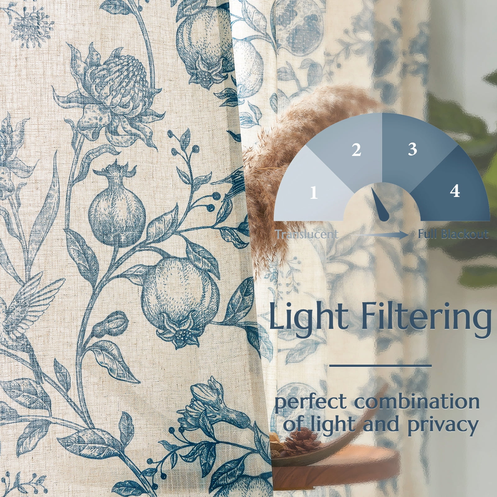 CURTAINKING Linen Curtains Floral Curtains for Living Room 84 Inch Long Blue French Curtains Back Tab Light Filtering Toile Print Farmhouse Bedroom Curtains Window Curtain Set 2 Panels