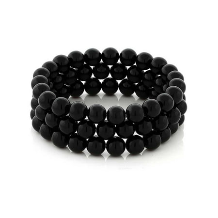 Moss Agate Bracelet - Set of 3 7'' Stunning 8mm Round Black Agate 3 Stretch Bracelets