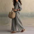 thumbnail image 5 of BRELIL Women Plus Size Two Piece Outfits Sets Long Sleeve Collared Button Shirt Wide Leg Pants Casual Lounge Set Solid Boho Vacation Travel Matching Tracksuit, Gray 2XL, 5 of 6