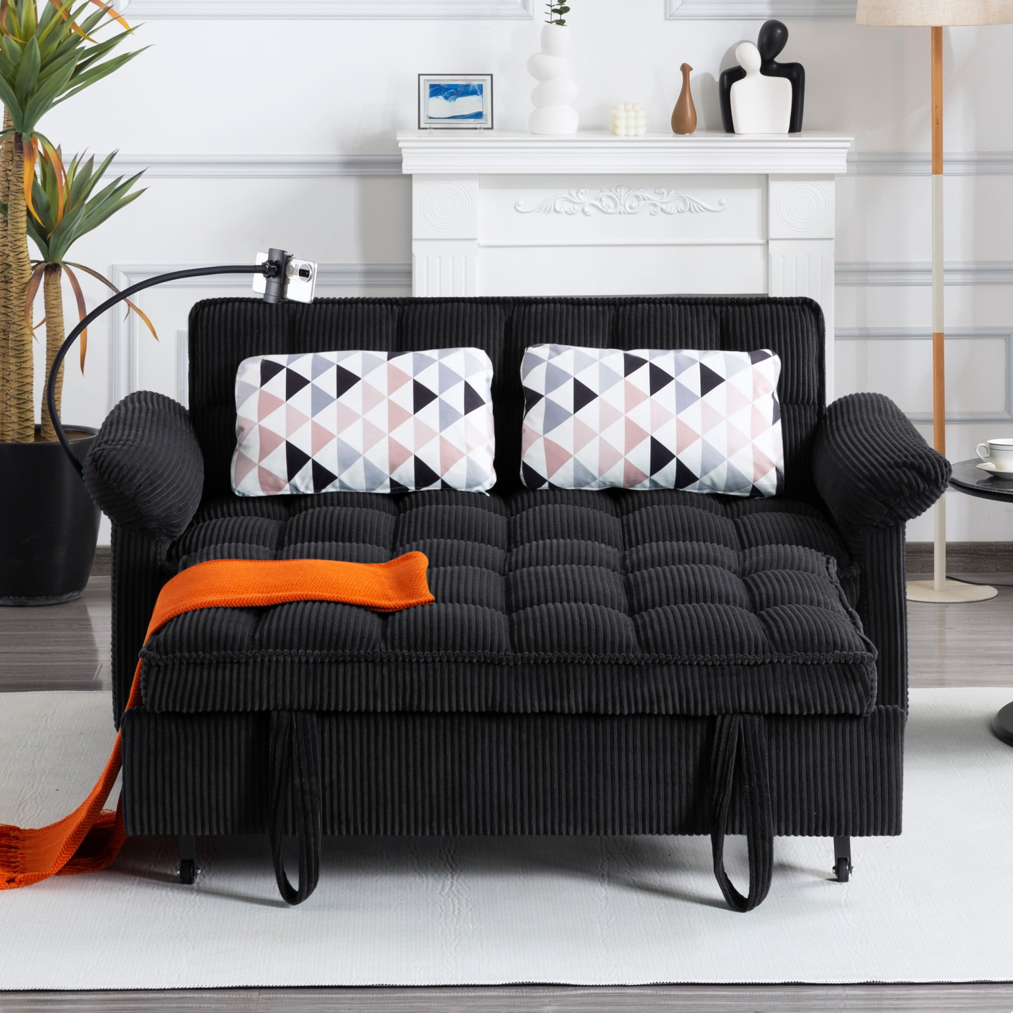 BSHTI 58.27" Corduroy Convertible Sofa Bed with Pull Out Sleeper, 3-Position Backrest, Storage Pocket for Living Room Guest Room, Black（Black）