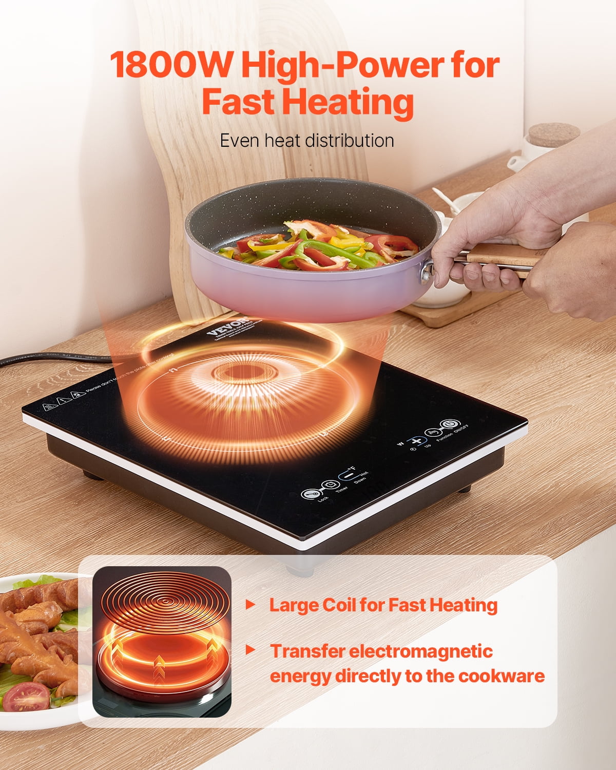 VEVOR Portable Induction Cooktop, 1800W Electric Induction Burner with 9 Temperature Settings, Countertop Induction Hot Plate with 3H Timer, Child Lock, Easy to Clean, for Home Kitchen Cooking