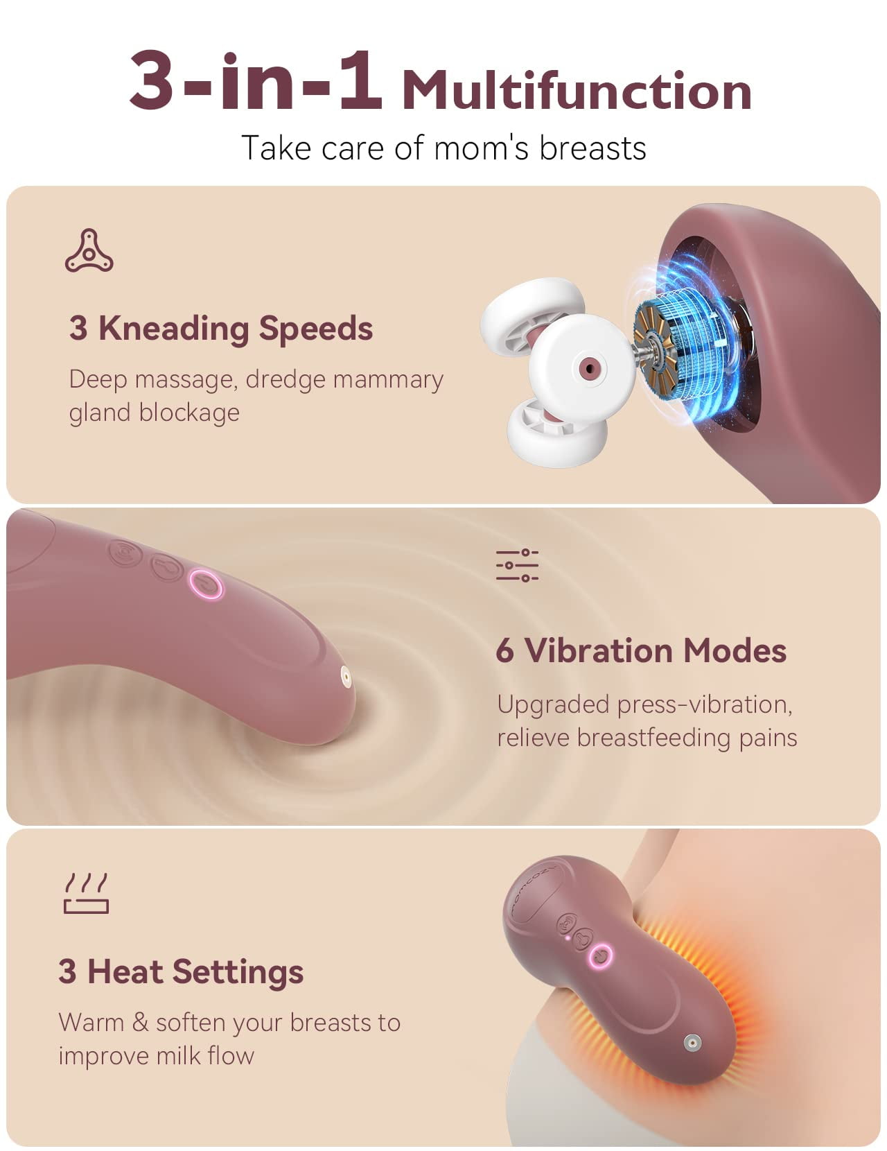 Momcozy Lactation Massager for Breastfeeding 3-in-1, 1 Pack Kneading Breast Massager with Heat