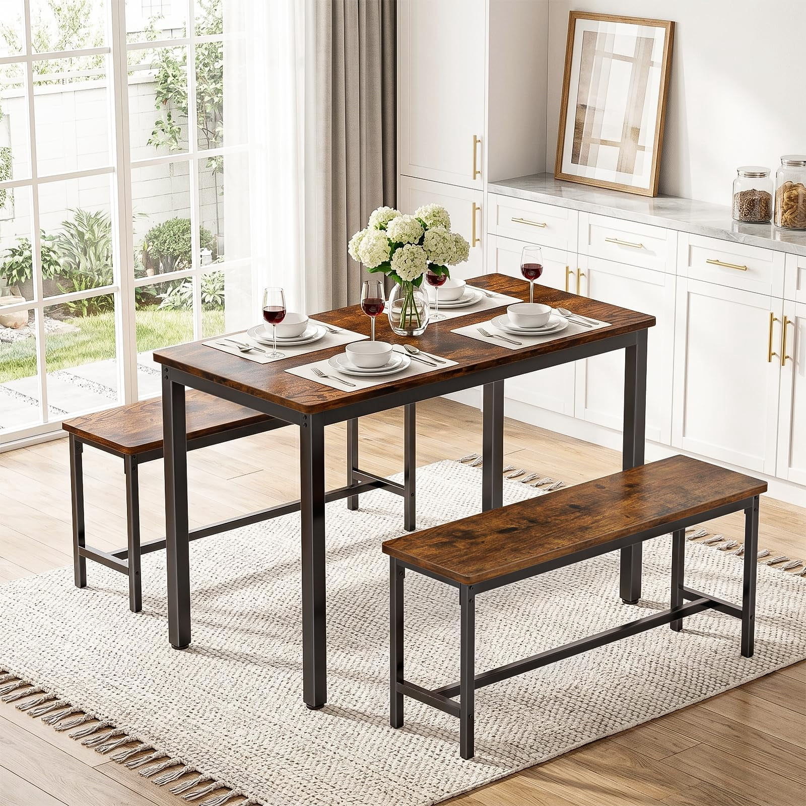 3 Piece Dining Room Table, Kitchen Dining Table Set with 2 Benchs for Apartment Breakfast Nook and Samll Space, Brown