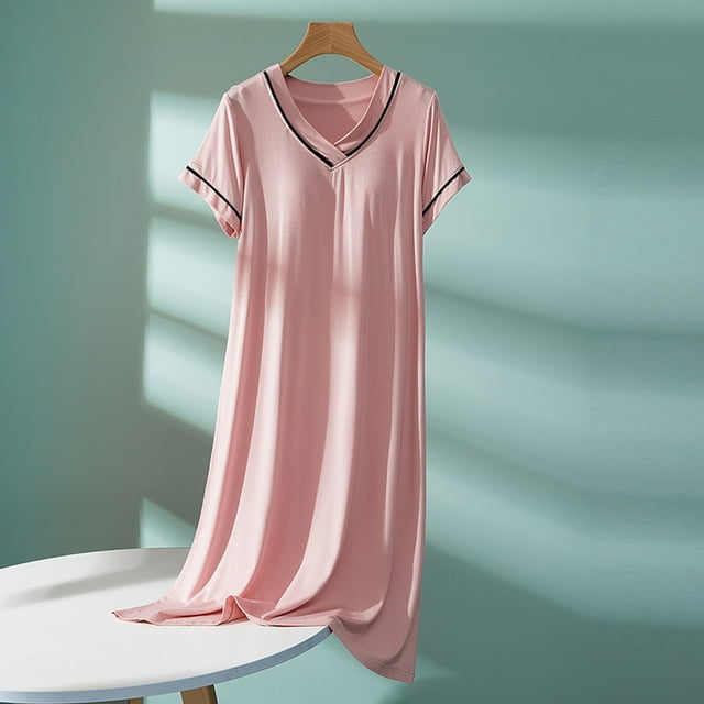 Camisón de manga corta con cuello en V y copas acolchadas extraíbles, suave y cómodo, de poliéster, para dormir en color liso.
