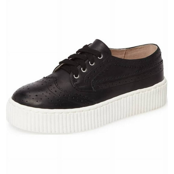 Shellys London Dilys Black Leather Lace Up Wingtip Oxford Platform Sneakers (Black, 7)