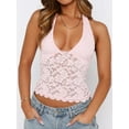 thumbnail image 2 of Womens Halter Neck Sleeveless Going Out Y2K Trendy Lace Cropped Tank Tops Pink S, 2 of 5