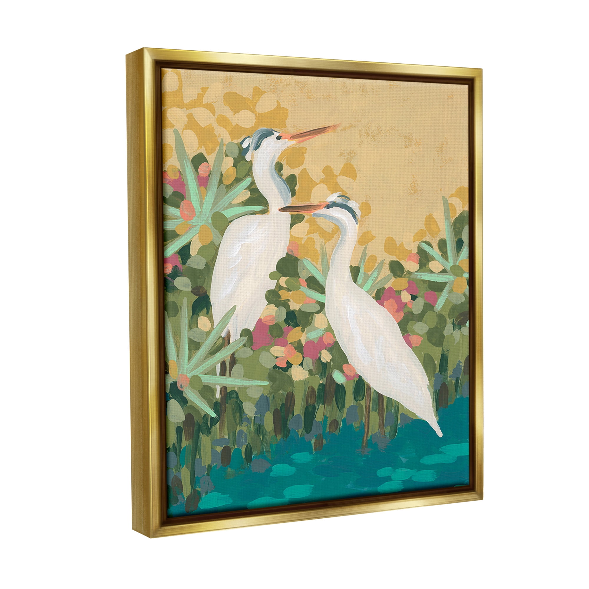 Stupell Industries Modern Birds at Pond's Edge Animals & Insects Painting Gold Floater Framed Canvas Art Print Wall Art, 25 x 31