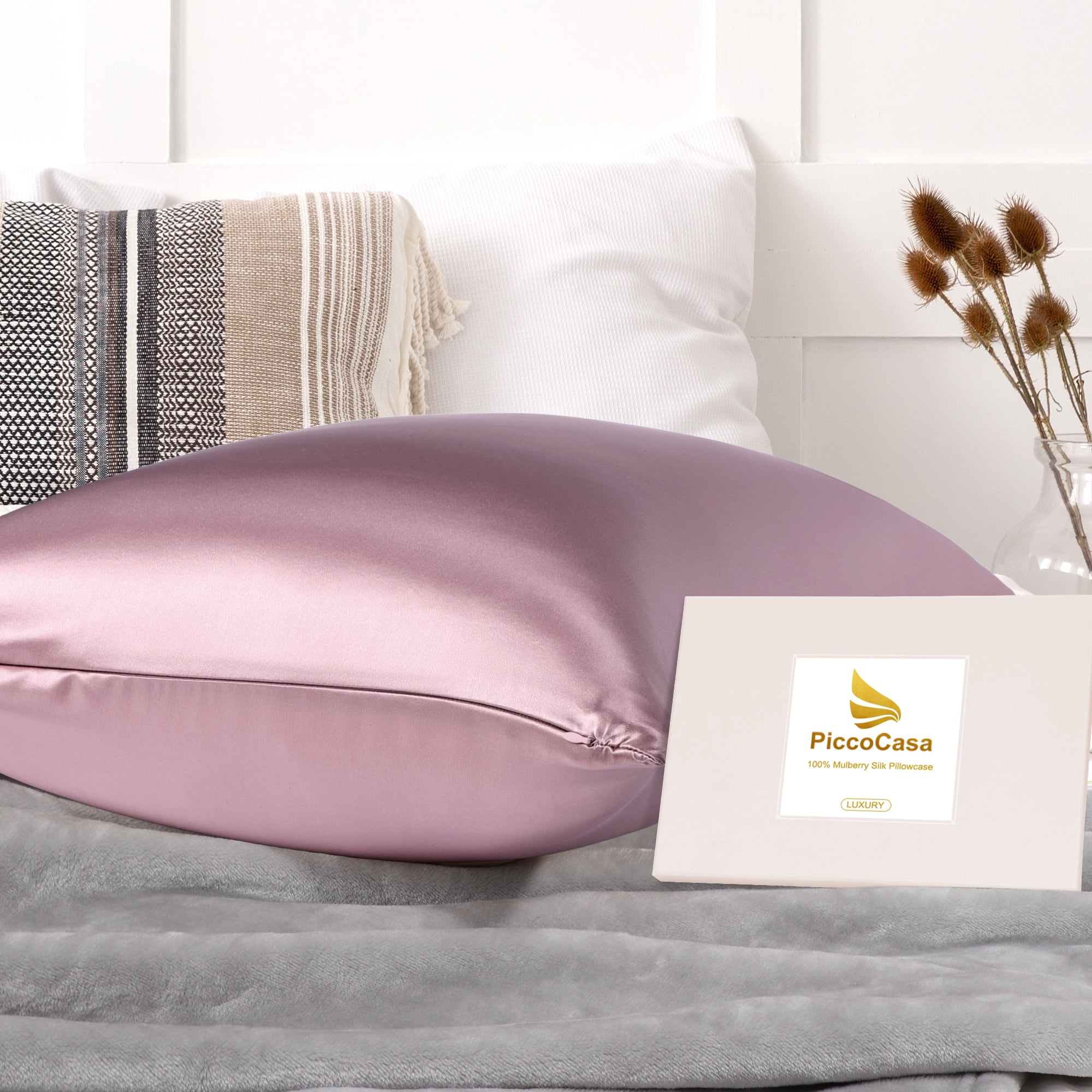 PiccoCasa 1 Pack 19mm Silk Pillowcase for Hair and Skin with Zipper Queen Mauve