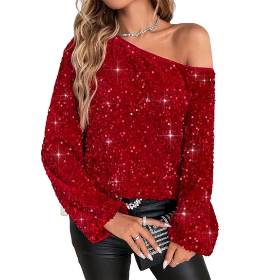 Laqbezok Women's Sexy Off Shoulder Sequin Top, Sparkly Long Sleeve Party Blouse, Festive Christmas Shiny Outfit