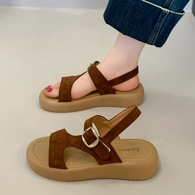 Wensltd Women's Summer Sandals Solid Color Round Toe Open Toe One-Line Buckle Soft Bottom Sandals
