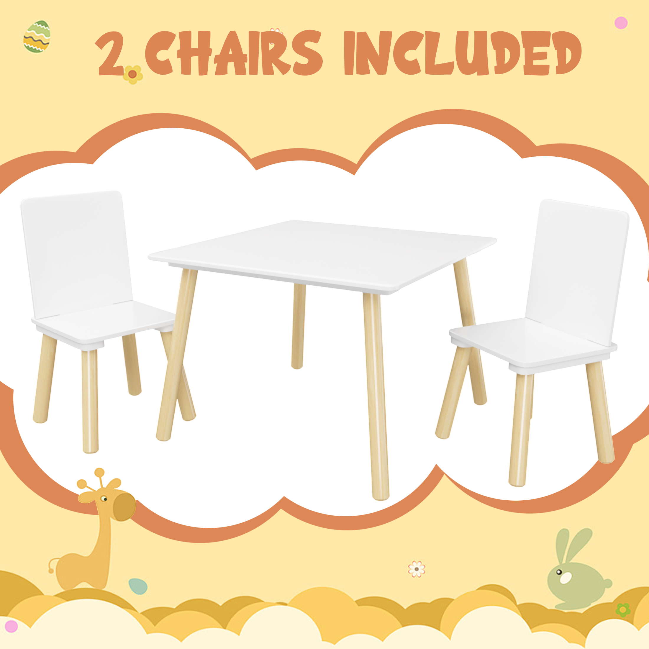 Aukfa Kids Table and Chairs Set, Wooden Play Table with 2 Chairs for Toddlers, Girls, Boys