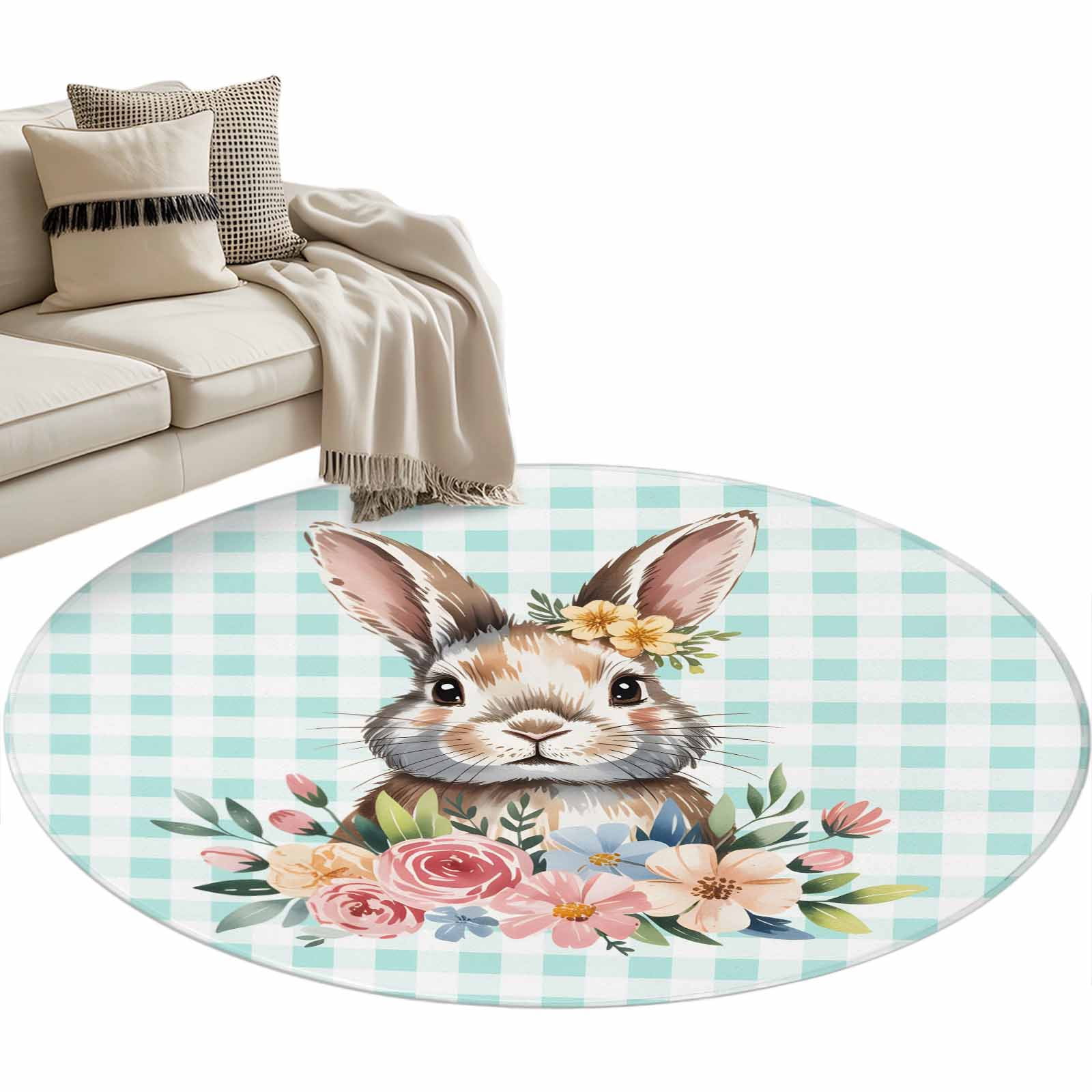 Round Area Rug 4ft Watercolor Easter Bunny Flowers Non-Slip Non-Shedding Floor Mat Green White Plaid Washable Sturdy Carpet for Living Room Bedroom Home Decor